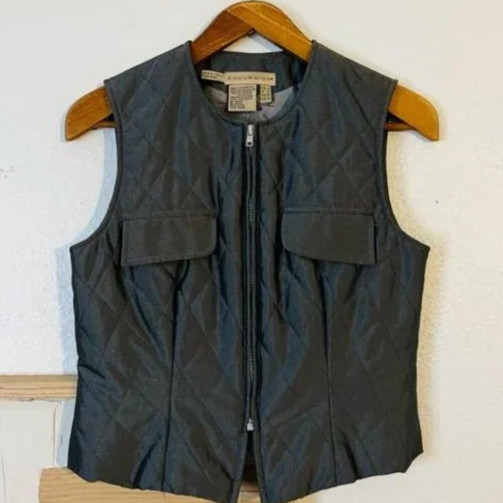 Y2K Silver Grey Cropped Qulited Cargo Pocket Zipper Sleeveless Vest Top